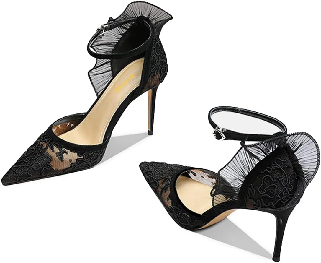 XYD Women Elegant Embroidered Prom Pumps D'Orsay Ankle Strap with Buckle Gauze Wings Pointed Toe High Heel Sandals Sexy Wedding Dressy Shoes