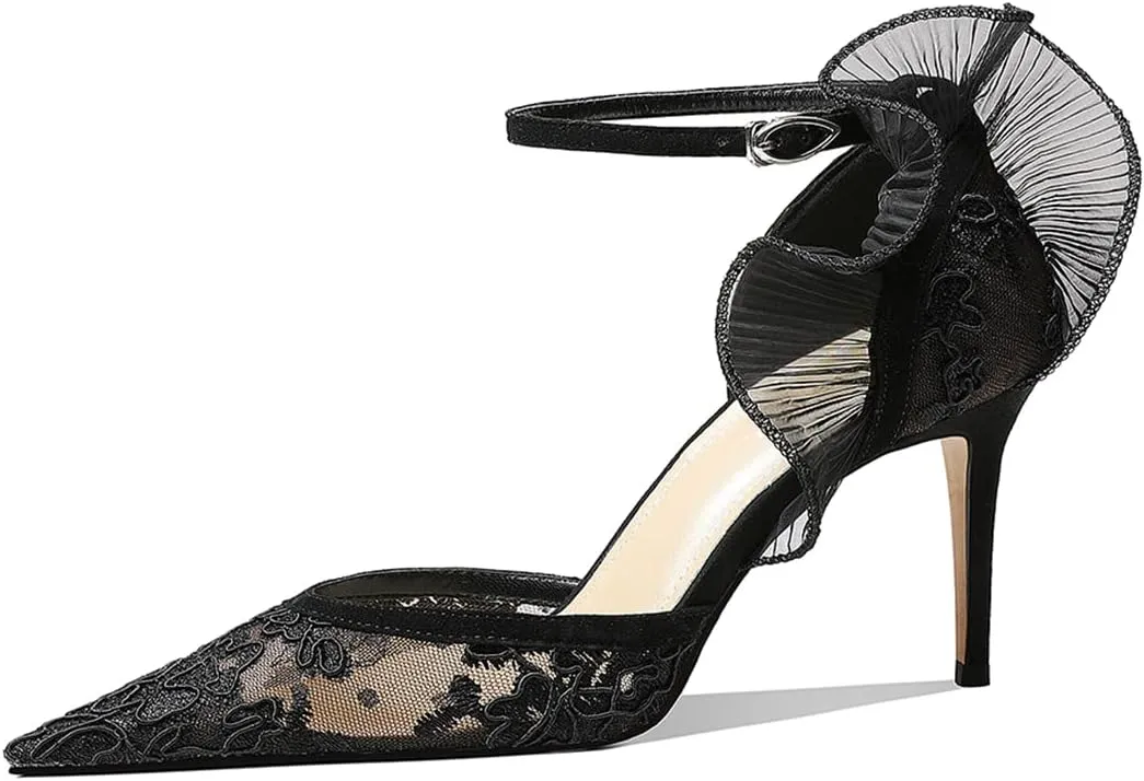 XYD Women Elegant Embroidered Prom Pumps D'Orsay Ankle Strap with Buckle Gauze Wings Pointed Toe High Heel Sandals Sexy Wedding Dressy Shoes