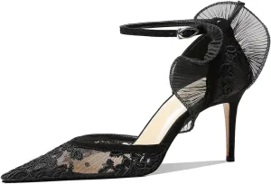 XYD Women Elegant Embroidered Prom Pumps D'Orsay Ankle Strap with Buckle Gauze Wings Pointed Toe High Heel Sandals Sexy Wedding Dressy Shoes