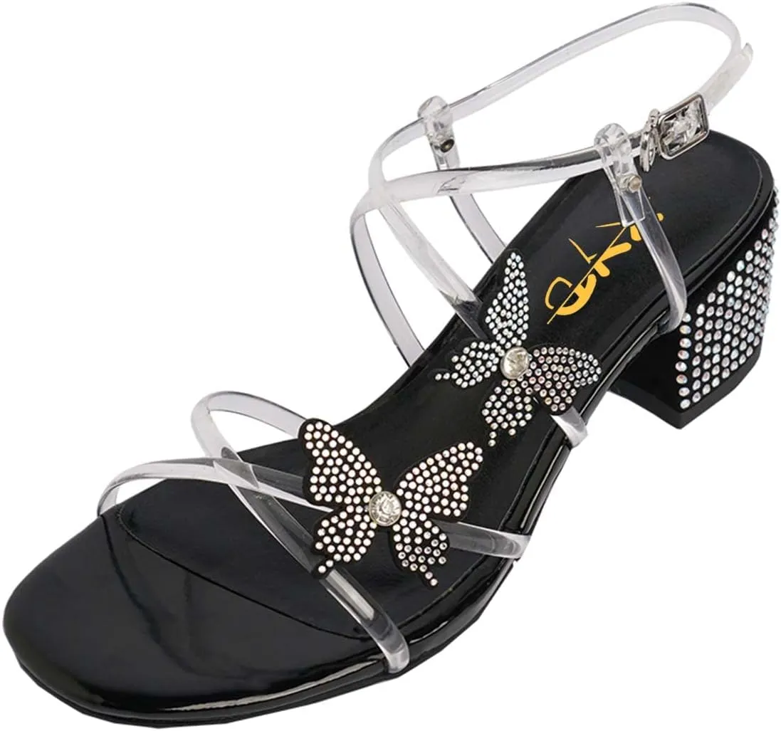 XYD Women Low Chunky Heel Sandals with Bling Rhinestones Butterfly PVC Open Toe Ankle Strap Buckled Prom Dance Party Dress Shoes
