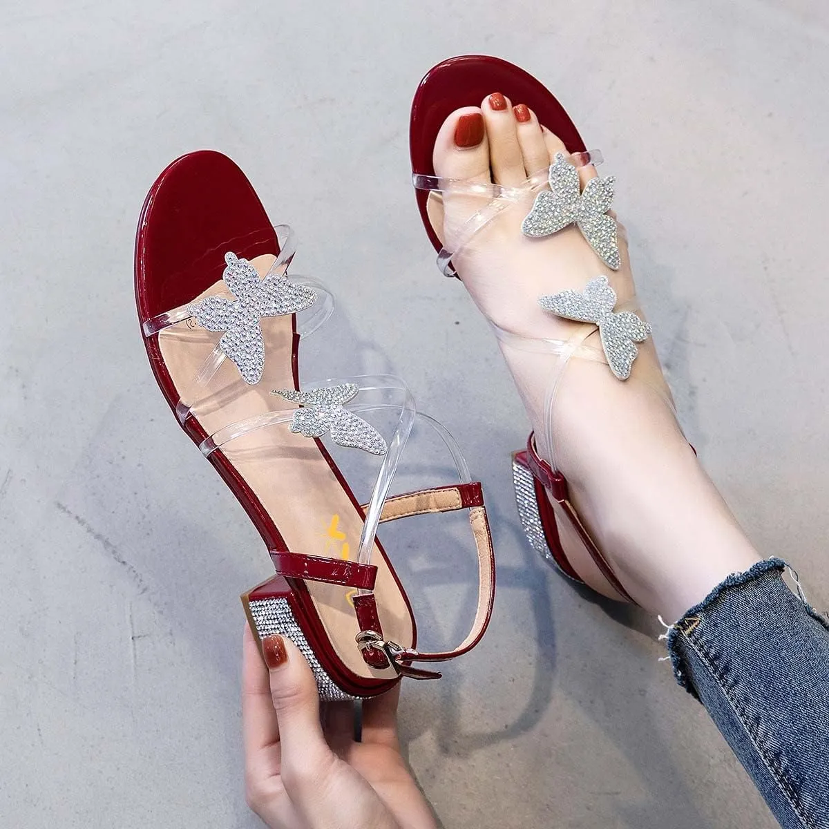 XYD Women Low Chunky Heel Sandals with Bling Rhinestones Butterfly PVC Open Toe Ankle Strap Buckled Prom Dance Party Dress Shoes