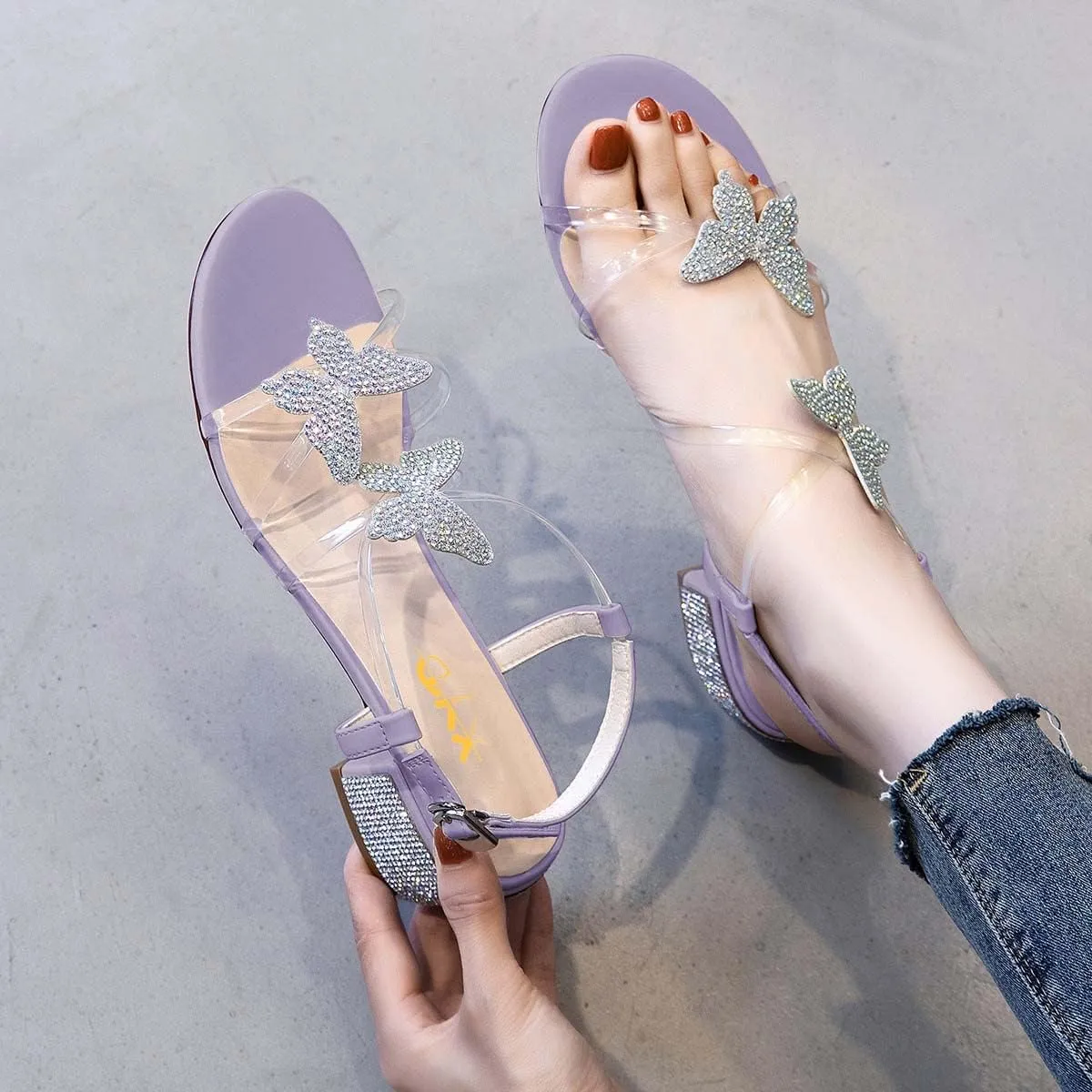 XYD Women Low Chunky Heel Sandals with Bling Rhinestones Butterfly PVC Open Toe Ankle Strap Buckled Prom Dance Party Dress Shoes