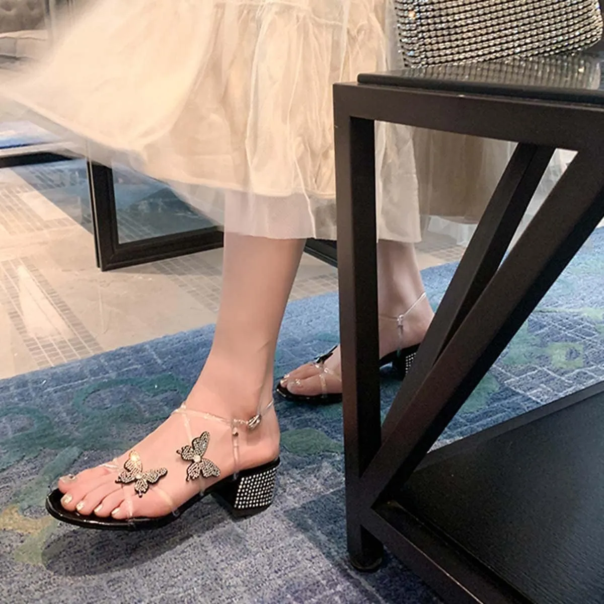 XYD Women Low Chunky Heel Sandals with Bling Rhinestones Butterfly PVC Open Toe Ankle Strap Buckled Prom Dance Party Dress Shoes