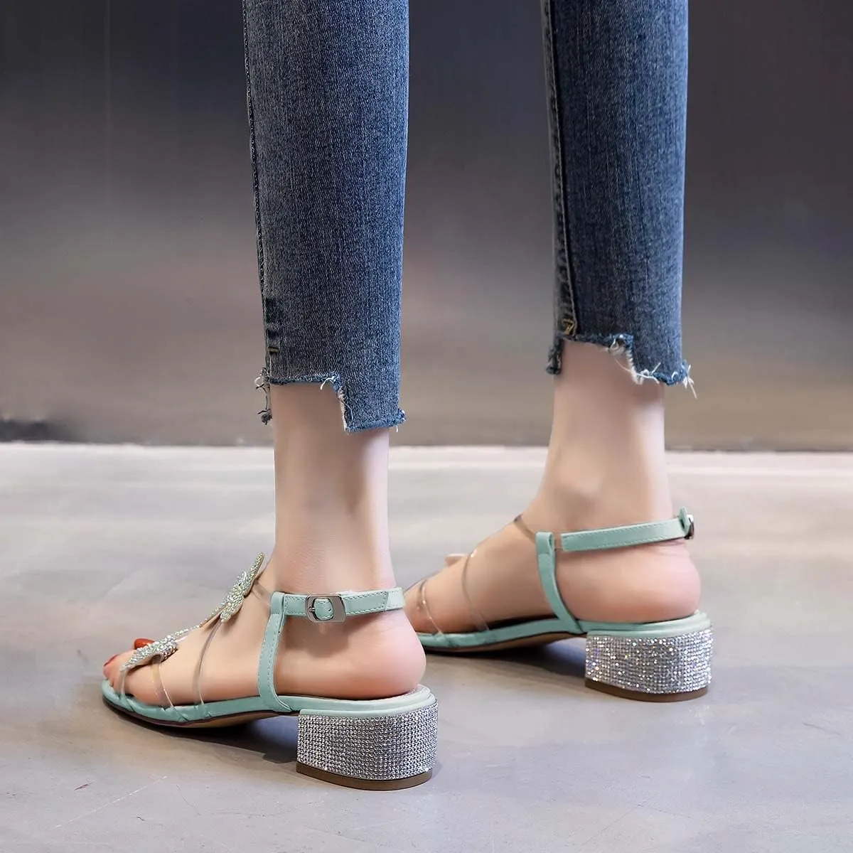 XYD Women Low Chunky Heel Sandals with Bling Rhinestones Butterfly PVC Open Toe Ankle Strap Buckled Prom Dance Party Dress Shoes