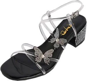XYD Women Low Chunky Heel Sandals with Bling Rhinestones Butterfly PVC Open Toe Ankle Strap Buckled Prom Dance Party Dress Shoes