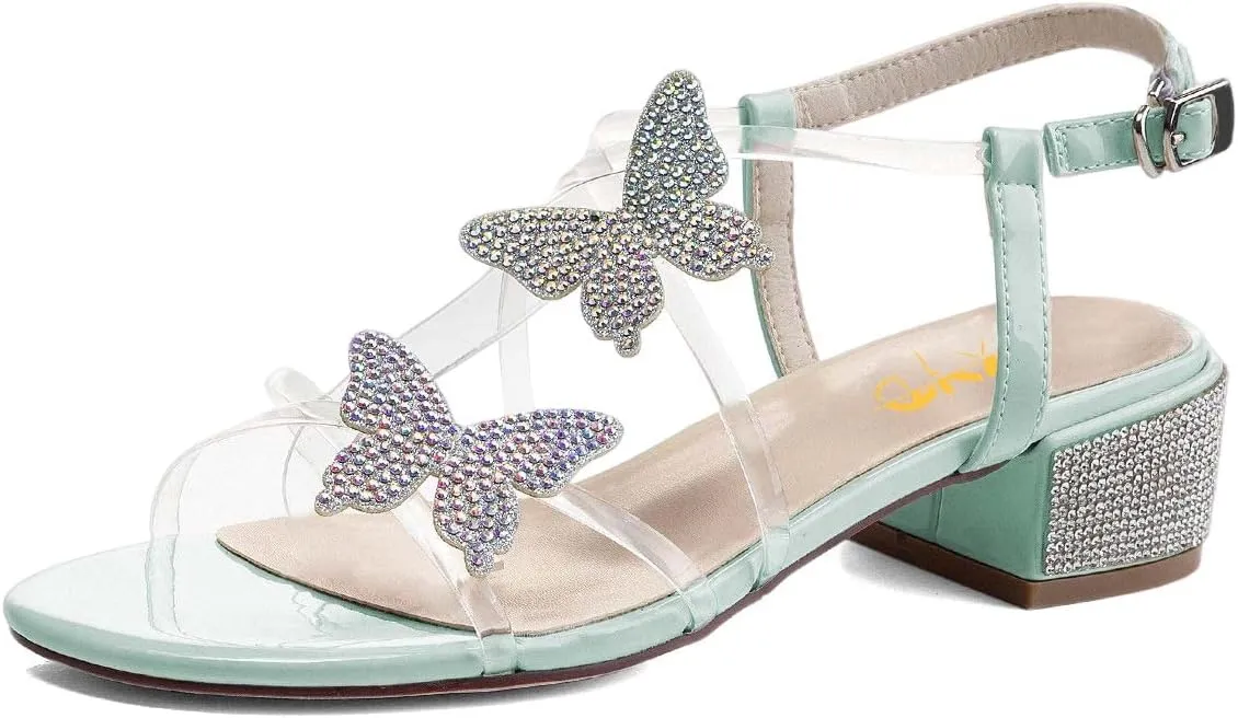 XYD Women Low Chunky Heel Sandals with Bling Rhinestones Butterfly PVC Open Toe Ankle Strap Buckled Prom Dance Party Dress Shoes