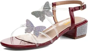 XYD Women Low Chunky Heel Sandals with Bling Rhinestones Butterfly PVC Open Toe Ankle Strap Buckled Prom Dance Party Dress Shoes