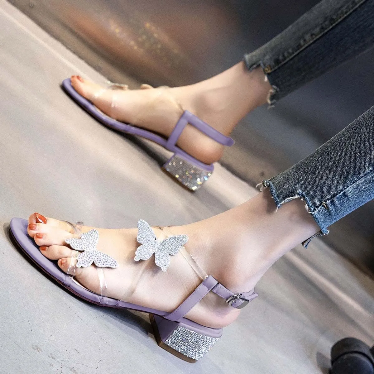 XYD Women Low Chunky Heel Sandals with Bling Rhinestones Butterfly PVC Open Toe Ankle Strap Buckled Prom Dance Party Dress Shoes