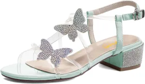 XYD Women Low Chunky Heel Sandals with Bling Rhinestones Butterfly PVC Open Toe Ankle Strap Buckled Prom Dance Party Dress Shoes