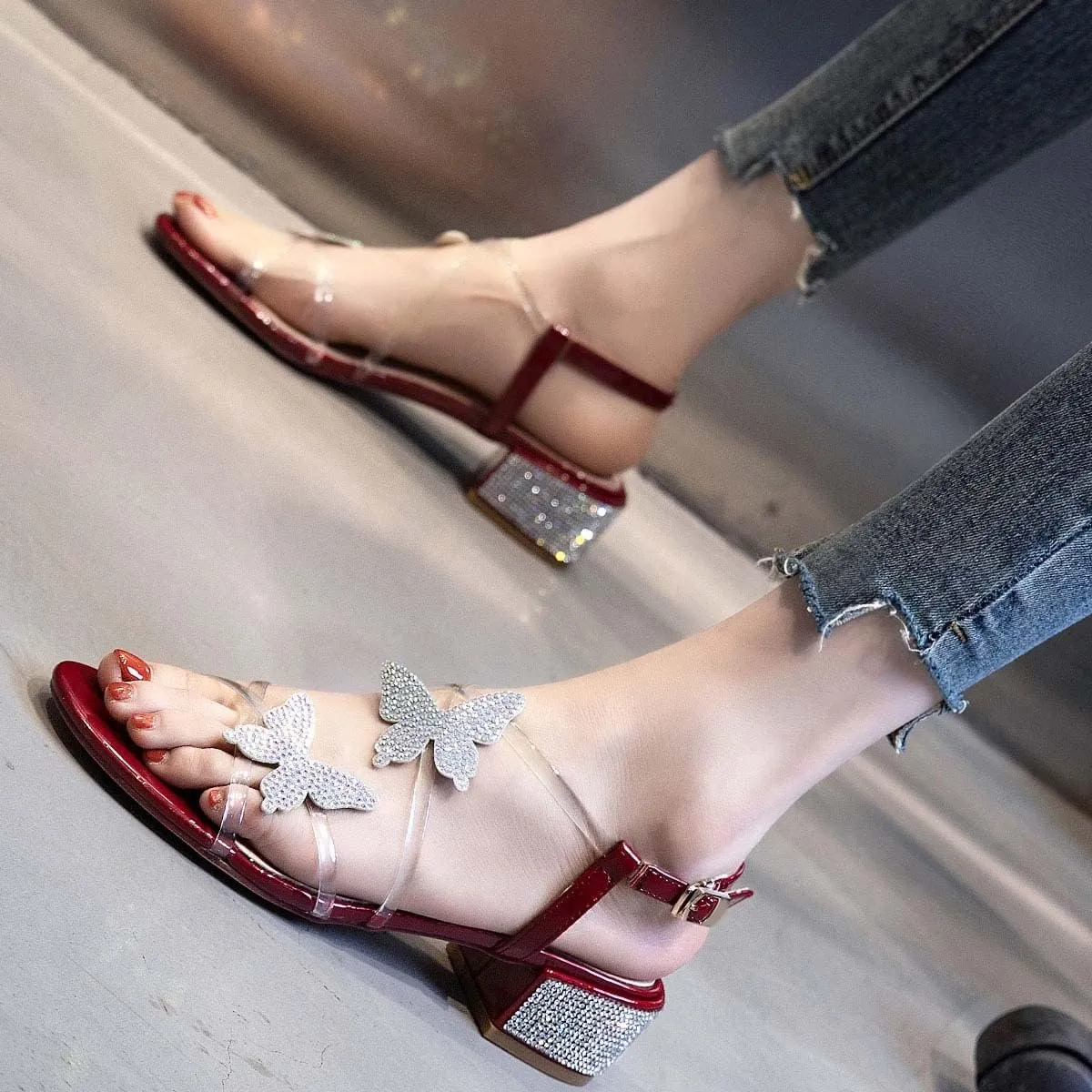 XYD Women Low Chunky Heel Sandals with Bling Rhinestones Butterfly PVC Open Toe Ankle Strap Buckled Prom Dance Party Dress Shoes
