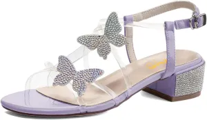 XYD Women Low Chunky Heel Sandals with Bling Rhinestones Butterfly PVC Open Toe Ankle Strap Buckled Prom Dance Party Dress Shoes