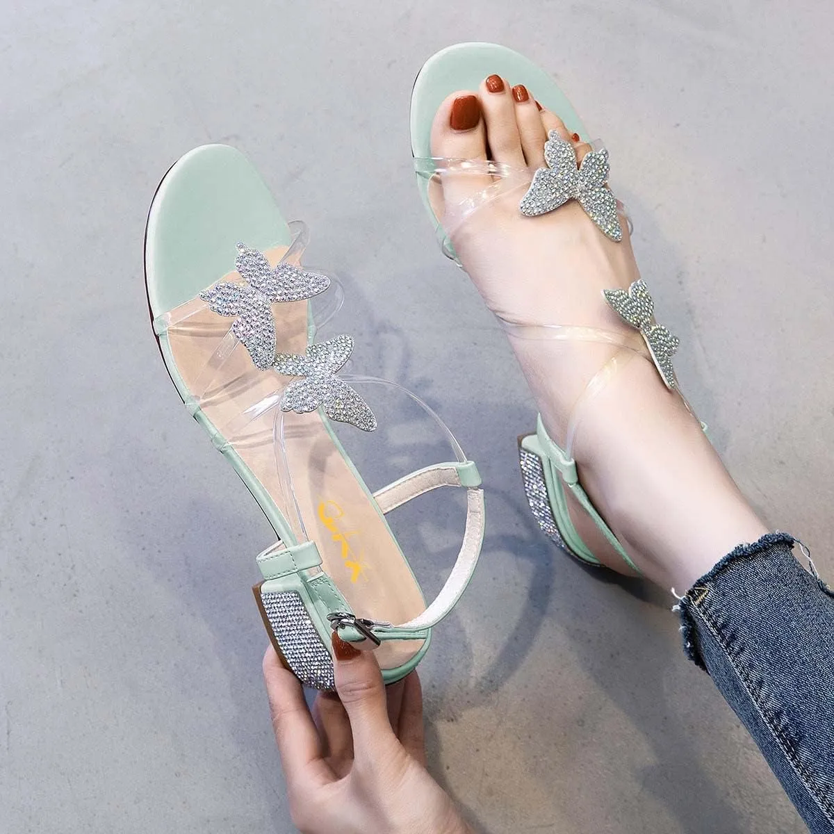 XYD Women Low Chunky Heel Sandals with Bling Rhinestones Butterfly PVC Open Toe Ankle Strap Buckled Prom Dance Party Dress Shoes