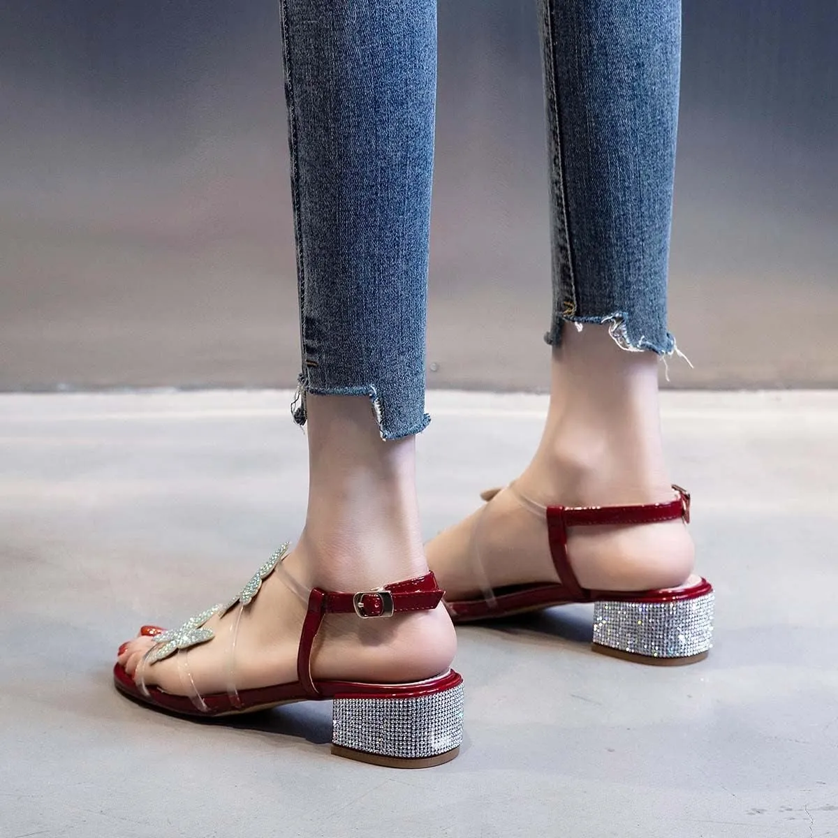XYD Women Low Chunky Heel Sandals with Bling Rhinestones Butterfly PVC Open Toe Ankle Strap Buckled Prom Dance Party Dress Shoes