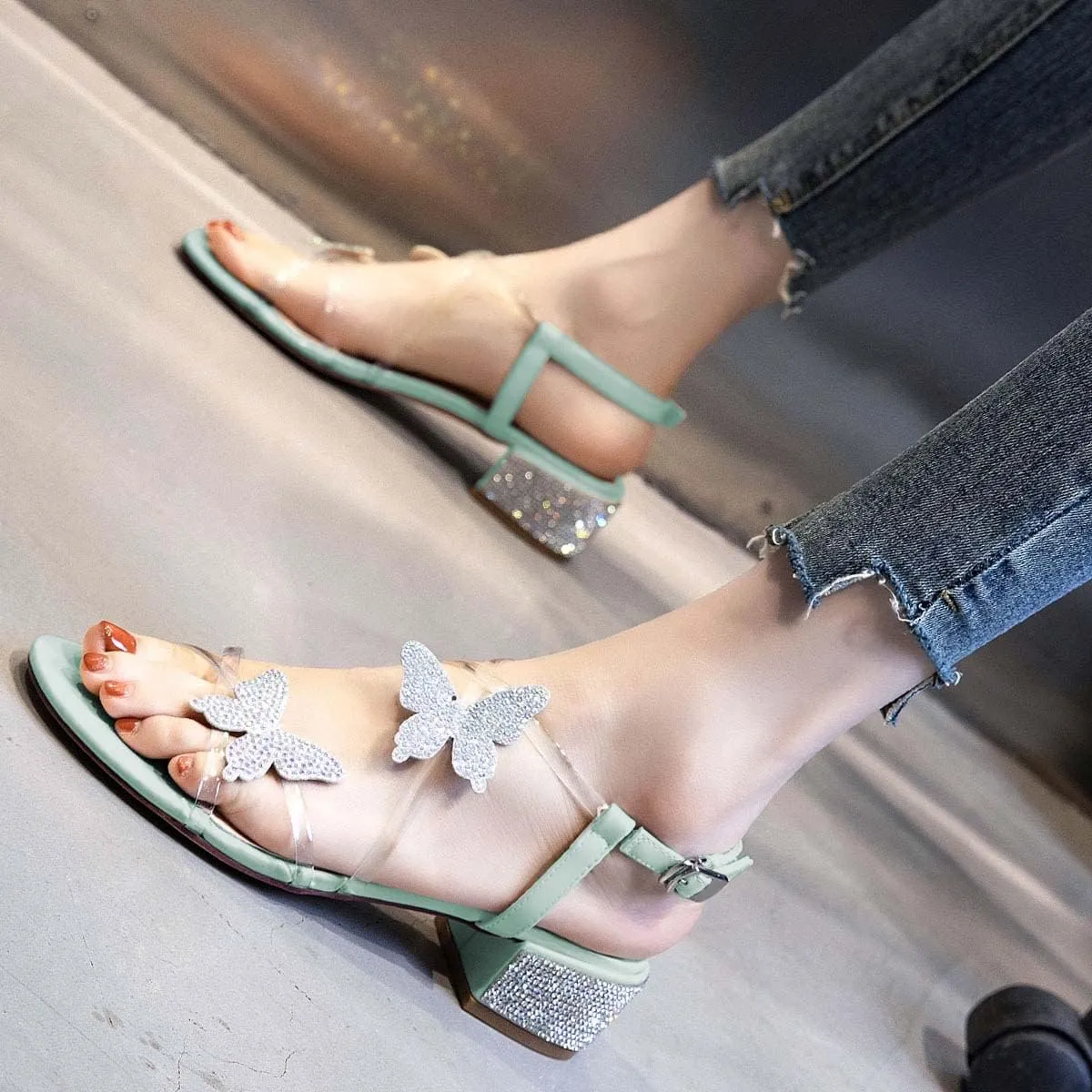 XYD Women Low Chunky Heel Sandals with Bling Rhinestones Butterfly PVC Open Toe Ankle Strap Buckled Prom Dance Party Dress Shoes