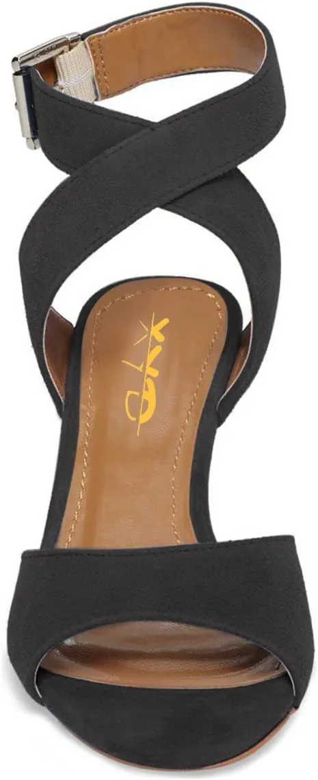 XYD Women Low Kitten Heel Slingback Sandals Open Toe Buckled Cross Ankle Strap Dress Shoes