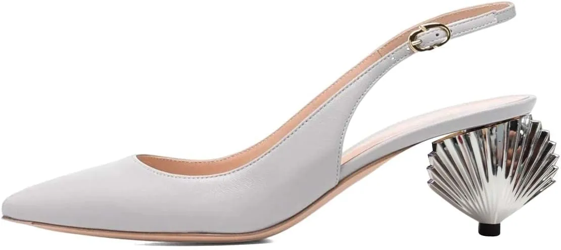 XYD Women Mid Scallop Shape Heel Slingback Buckled Closed Pointed Toe Pumps Pull On Party Event Club Dressy Shoes