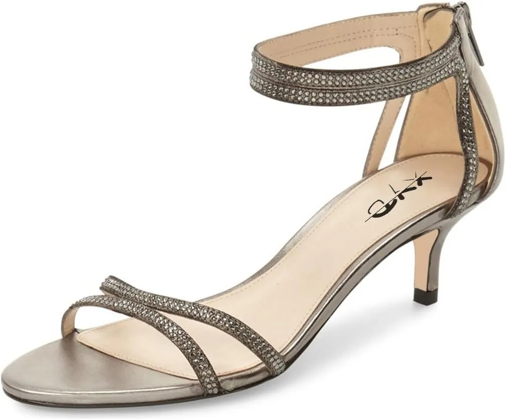 XYD Women Open Toe Low Heel Strappy Rhinestone Sandals Ankle Strap Wedding Dress Dance Pumps with Zip