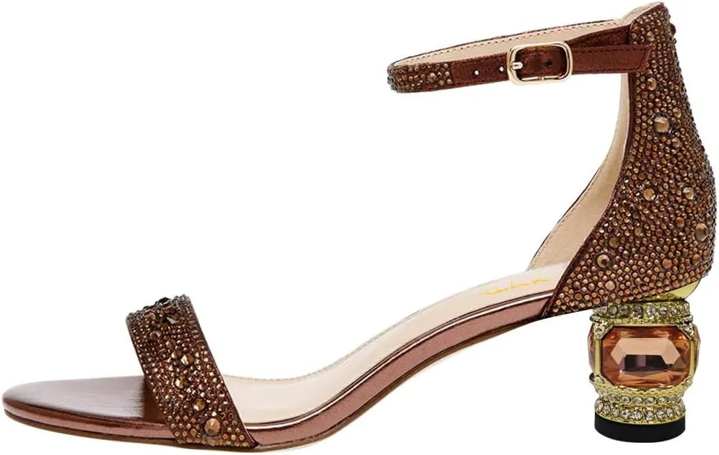 XYD Women Open Toe Rhinestone Low Heel Sandal Pumps Ankle Strap Buckled Bejeweled Crystal Bridal Shoes