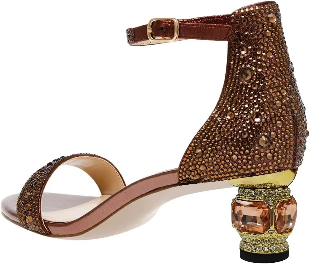 XYD Women Open Toe Rhinestone Low Heel Sandal Pumps Ankle Strap Buckled Bejeweled Crystal Bridal Shoes