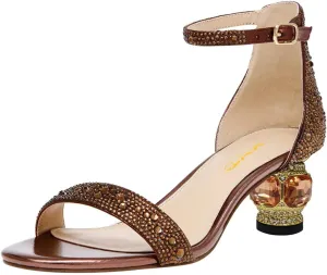 XYD Women Open Toe Rhinestone Low Heel Sandal Pumps Ankle Strap Buckled Bejeweled Crystal Bridal Shoes