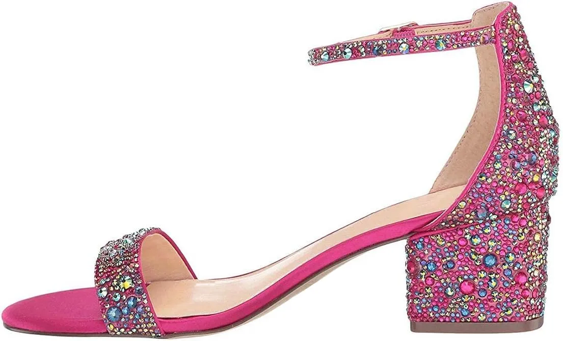 XYD Women Open Toe Studded Rhinestone Low Block Heel Bejeweled Sandal Pumps Ankle Strap Buckled Sparkling Wedding Bridal Dress Evening Shoes