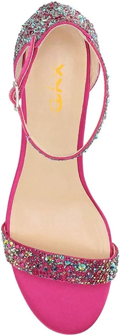 XYD Women Open Toe Studded Rhinestone Low Block Heel Bejeweled Sandal Pumps Ankle Strap Buckled Sparkling Wedding Bridal Dress Evening Shoes