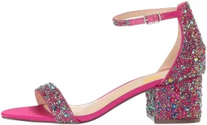 XYD Women Open Toe Studded Rhinestone Low Block Heel Bejeweled Sandal Pumps Ankle Strap Buckled Sparkling Wedding Bridal Dress Evening Shoes