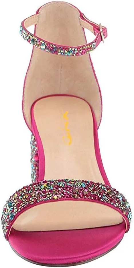 XYD Women Open Toe Studded Rhinestone Low Block Heel Bejeweled Sandal Pumps Ankle Strap Buckled Sparkling Wedding Bridal Dress Evening Shoes