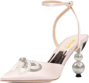 XYD Women Pearl Rhinestones Bows Ankle Strap Sandals Closed Pointy Toe Buckled Mid Heel Pumps Elegant Dance Prom Evening Party Shoes