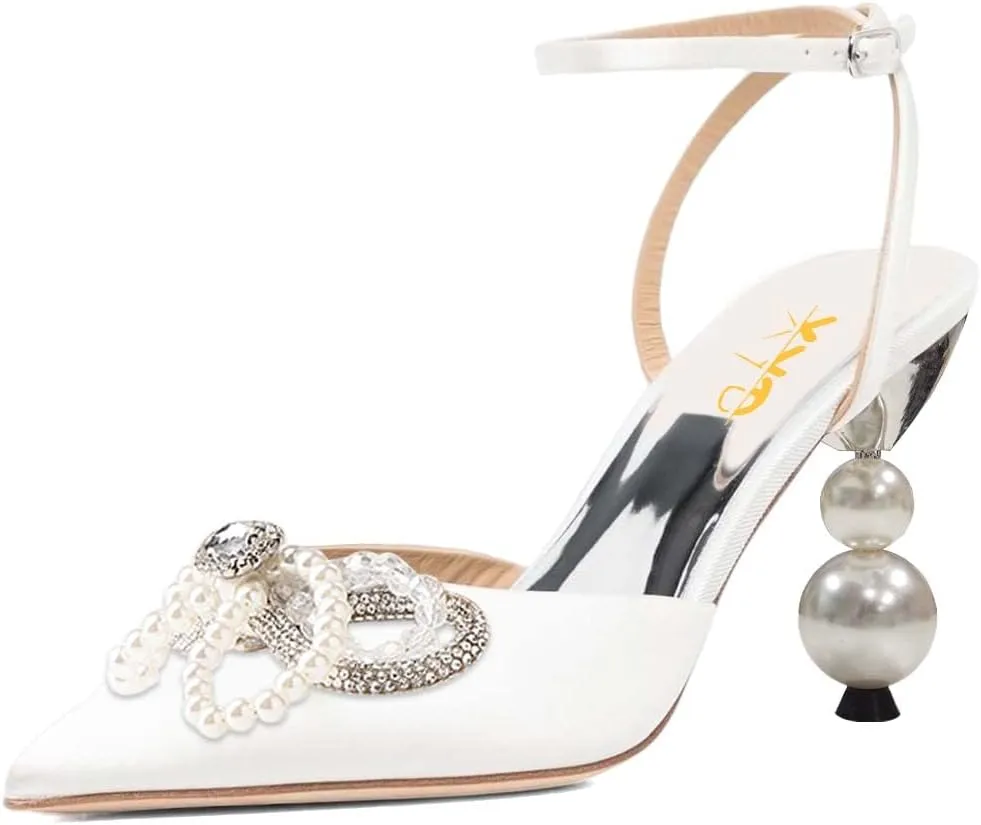 XYD Women Pearl Rhinestones Bows Ankle Strap Sandals Closed Pointy Toe Buckled Mid Heel Pumps Elegant Dance Prom Evening Party Shoes