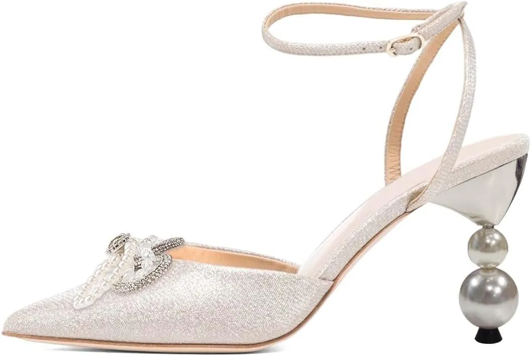 XYD Women Pearl Rhinestones Bows Ankle Strap Sandals Closed Pointy Toe Buckled Mid Heel Pumps Elegant Dance Prom Evening Party Shoes
