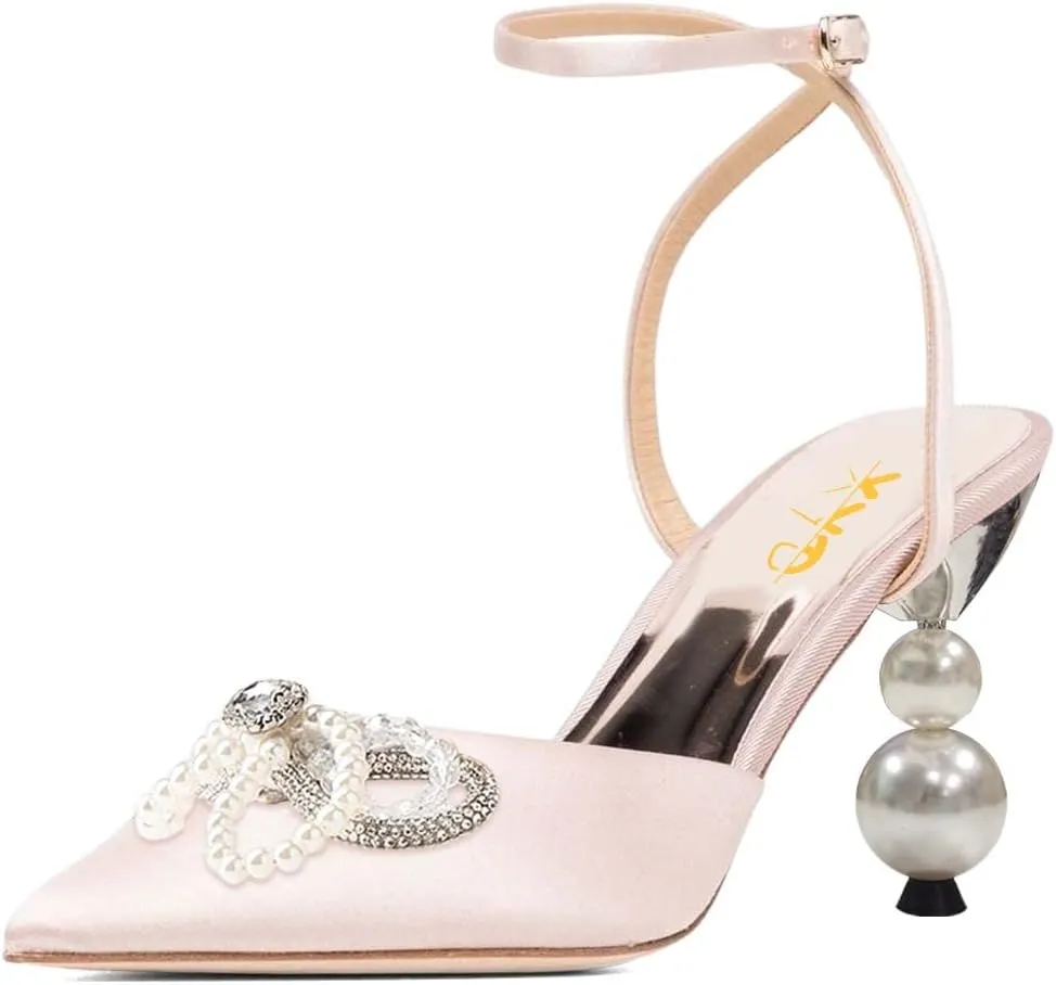 XYD Women Pearl Rhinestones Bows Ankle Strap Sandals Closed Pointy Toe Buckled Mid Heel Pumps Elegant Dance Prom Evening Party Shoes