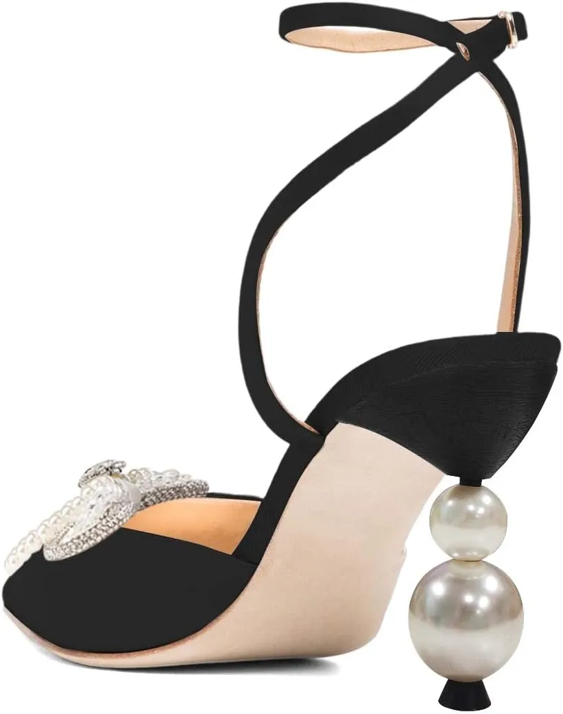 XYD Women Pearl Rhinestones Bows Ankle Strap Sandals Closed Pointy Toe Buckled Mid Heel Pumps Elegant Dance Prom Evening Party Shoes