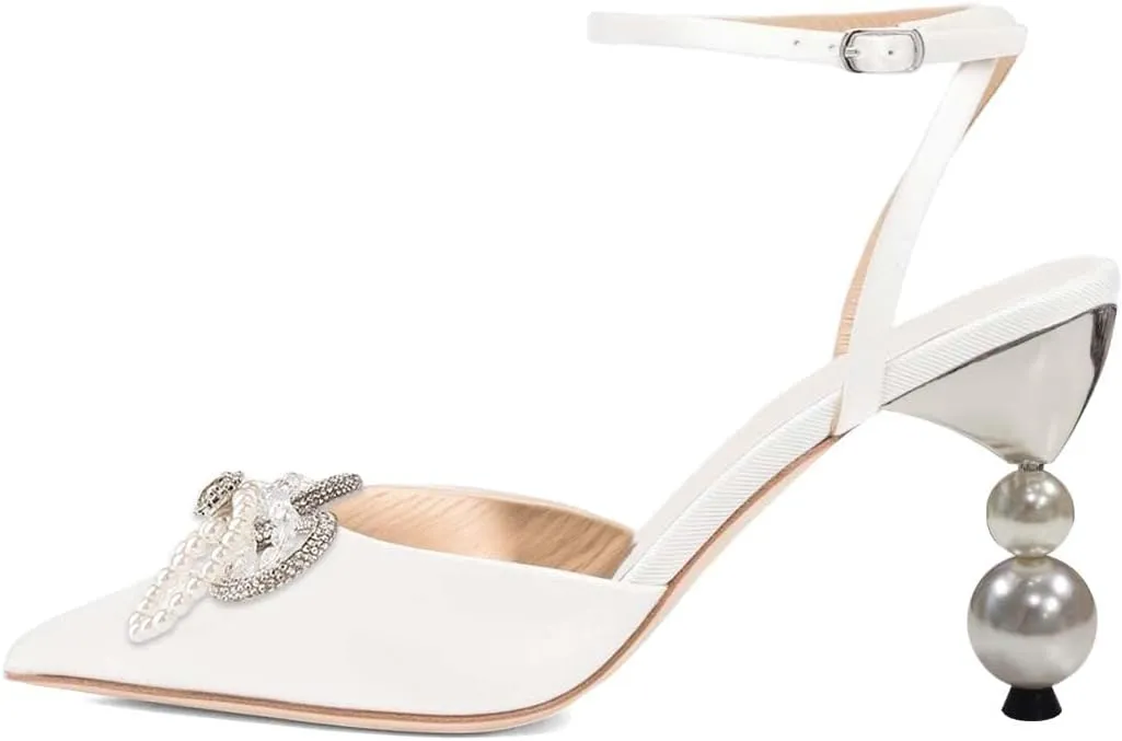 XYD Women Pearl Rhinestones Bows Ankle Strap Sandals Closed Pointy Toe Buckled Mid Heel Pumps Elegant Dance Prom Evening Party Shoes