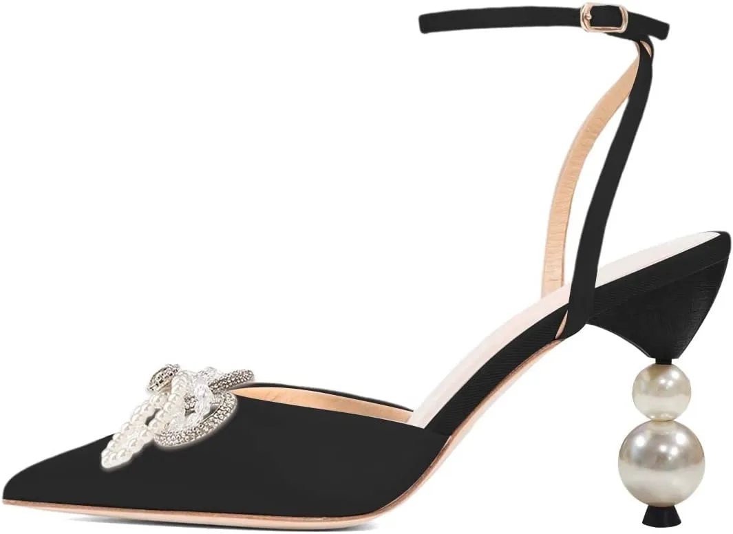 XYD Women Pearl Rhinestones Bows Ankle Strap Sandals Closed Pointy Toe Buckled Mid Heel Pumps Elegant Dance Prom Evening Party Shoes