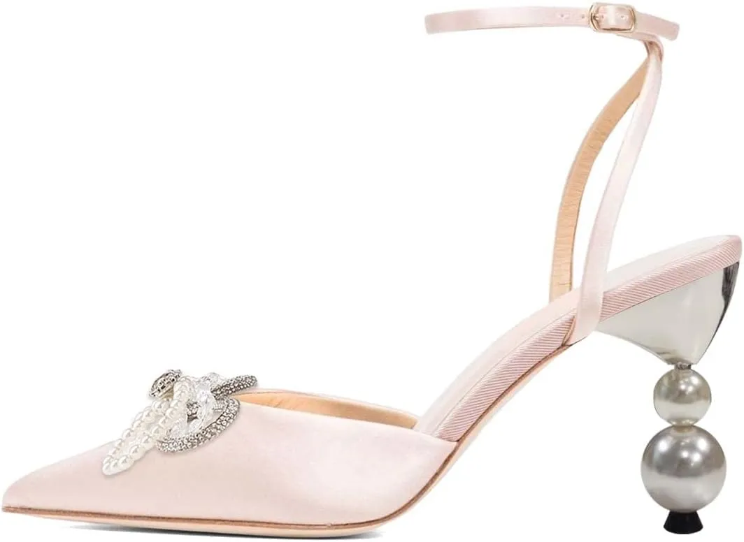 XYD Women Pearl Rhinestones Bows Ankle Strap Sandals Closed Pointy Toe Buckled Mid Heel Pumps Elegant Dance Prom Evening Party Shoes