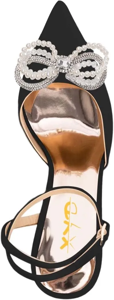 XYD Women Pearl Rhinestones Bows Ankle Strap Sandals Closed Pointy Toe Buckled Mid Heel Pumps Elegant Dance Prom Evening Party Shoes