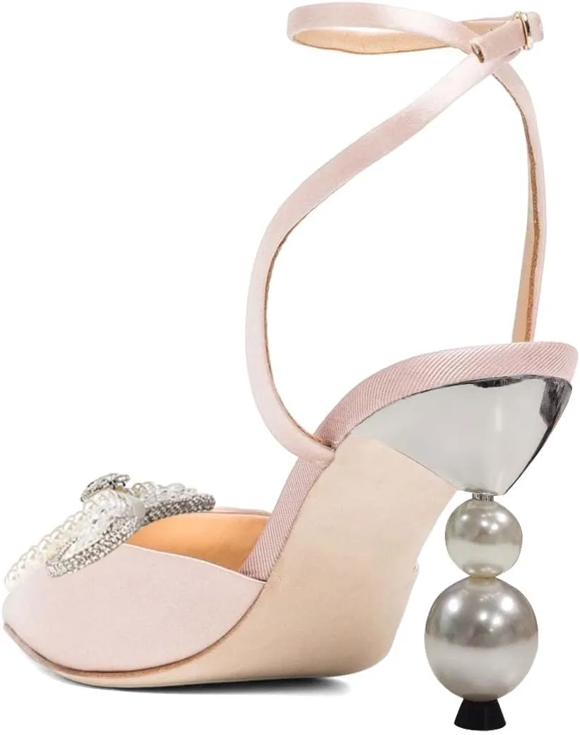 XYD Women Pearl Rhinestones Bows Ankle Strap Sandals Closed Pointy Toe Buckled Mid Heel Pumps Elegant Dance Prom Evening Party Shoes