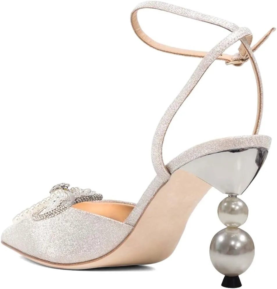 XYD Women Pearl Rhinestones Bows Ankle Strap Sandals Closed Pointy Toe Buckled Mid Heel Pumps Elegant Dance Prom Evening Party Shoes