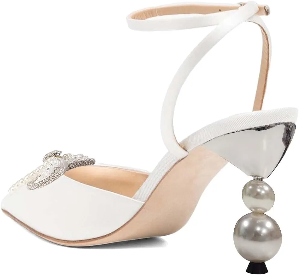XYD Women Pearl Rhinestones Bows Ankle Strap Sandals Closed Pointy Toe Buckled Mid Heel Pumps Elegant Dance Prom Evening Party Shoes
