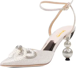 XYD Women Pearl Rhinestones Bows Ankle Strap Sandals Closed Pointy Toe Buckled Mid Heel Pumps Elegant Dance Prom Evening Party Shoes