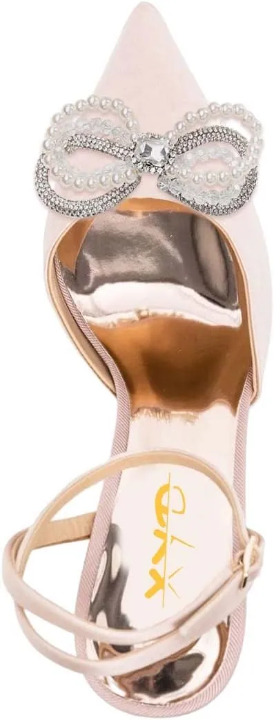 XYD Women Pearl Rhinestones Bows Ankle Strap Sandals Closed Pointy Toe Buckled Mid Heel Pumps Elegant Dance Prom Evening Party Shoes