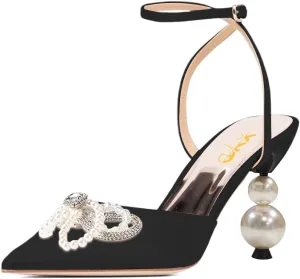XYD Women Pearl Rhinestones Bows Ankle Strap Sandals Closed Pointy Toe Buckled Mid Heel Pumps Elegant Dance Prom Evening Party Shoes