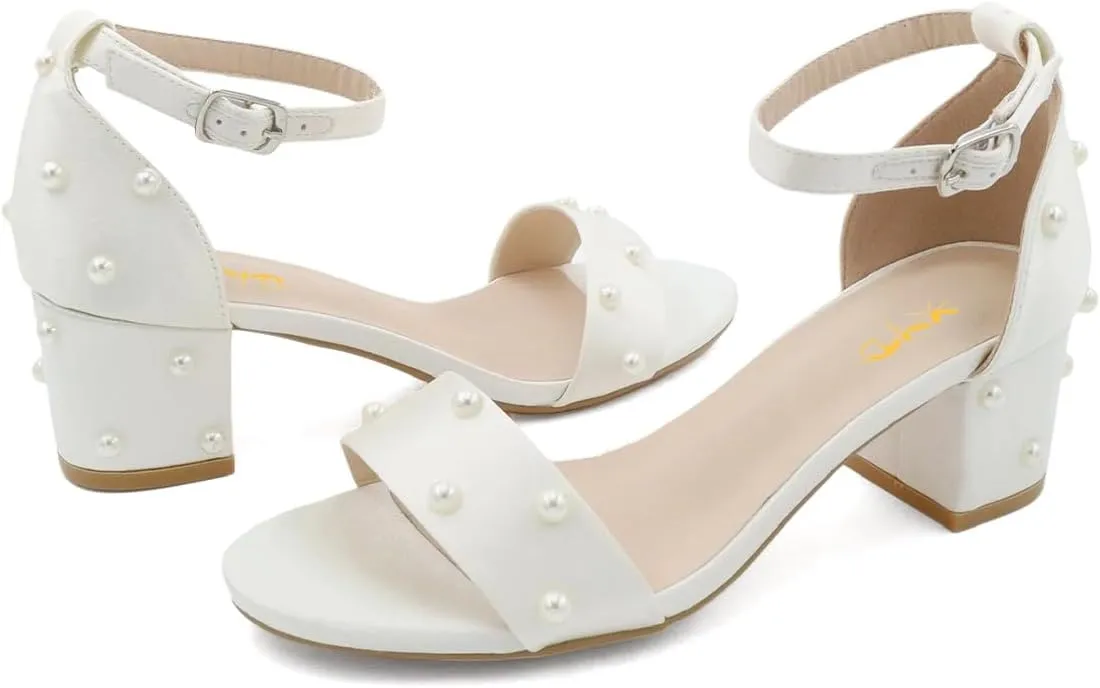 XYD Women Pearls Dress Sandals Chunky Block Heel Pumps Buckled Ankle Strap Open Toe Bridal Party Shoes