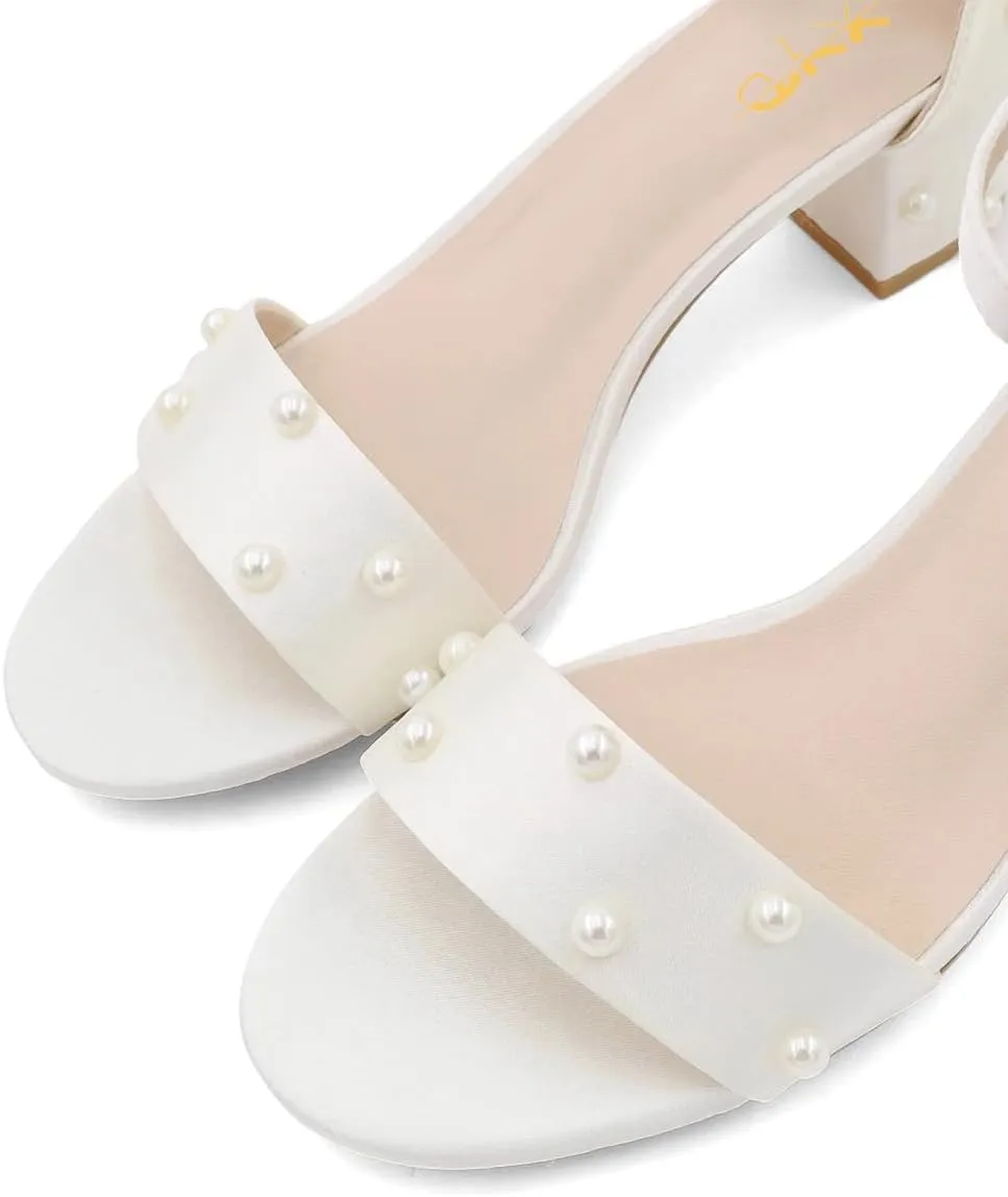XYD Women Pearls Dress Sandals Chunky Block Heel Pumps Buckled Ankle Strap Open Toe Bridal Party Shoes
