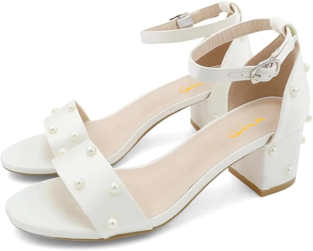 XYD Women Pearls Dress Sandals Chunky Block Heel Pumps Buckled Ankle Strap Open Toe Bridal Party Shoes