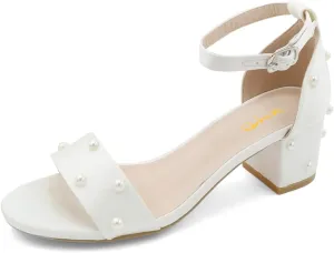 XYD Women Pearls Dress Sandals Chunky Block Heel Pumps Buckled Ankle Strap Open Toe Bridal Party Shoes