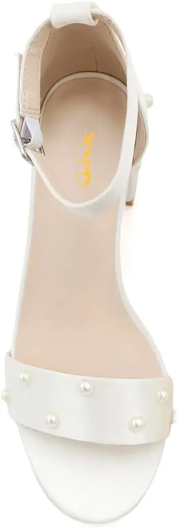 XYD Women Pearls Dress Sandals Chunky Block Heel Pumps Buckled Ankle Strap Open Toe Bridal Party Shoes