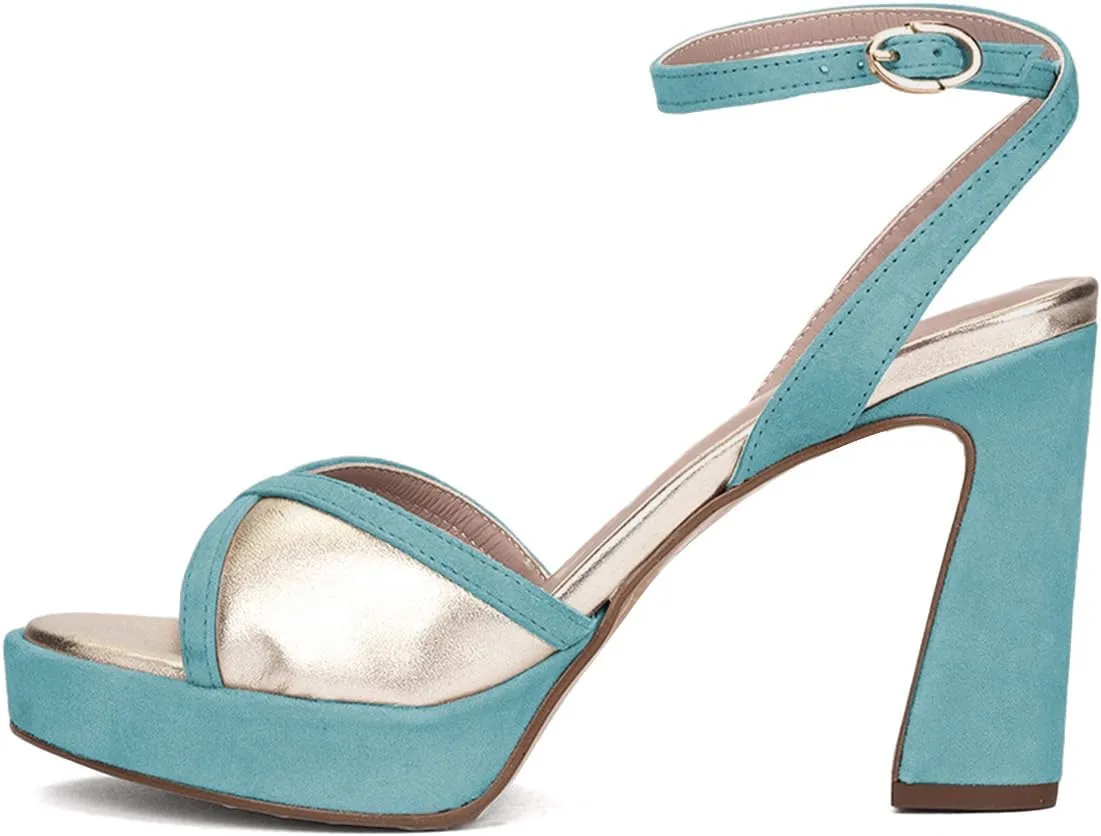 XYD Women Platform Open Toe High Heel Block Sandals Ankle Buckled Strap Two-toned Evening Party Pumps Shoes