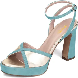 XYD Women Platform Open Toe High Heel Block Sandals Ankle Buckled Strap Two-toned Evening Party Pumps Shoes